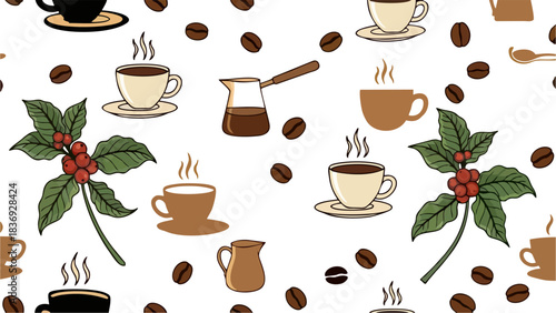 Seamless Coffee Pattern Vector Illustration Steaming Cups Beans Coffee Plants and Cezve Design for Cafe Backgrounds Beverage Packaging