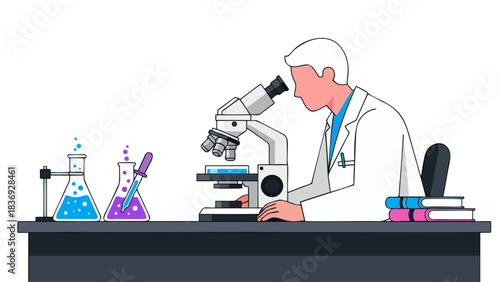 Male Scientist Using Microscope in Modern Laboratory for Scientific Research and Discovery Flat Vector Illustration of Chemist or Biologist at Work