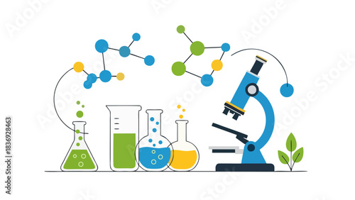 Science Lab Research Chemistry Concept Illustration with Microscope Beakers Flasks and Molecular Structures for Education and Discovery