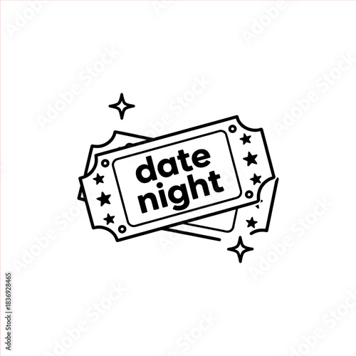 Charming black and white date night ticket icon sparks excitement for romantic evening plans and special events