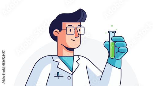 Smiling Male Scientist Character Holding Green Test Tube Lab Experiment Research Innovation Vector Illustration