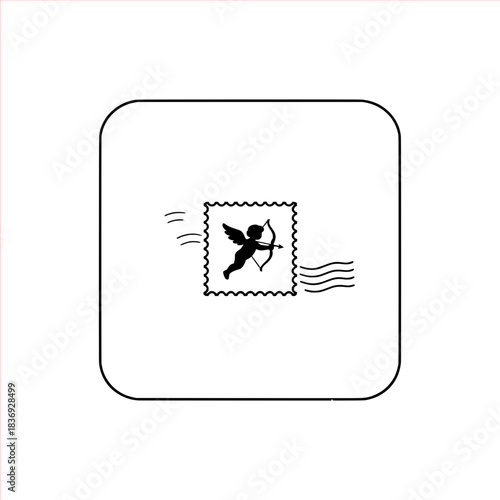 Charming Cupid postage stamp icon flying quickly suggesting love letter delivery for Valentine's Day romance