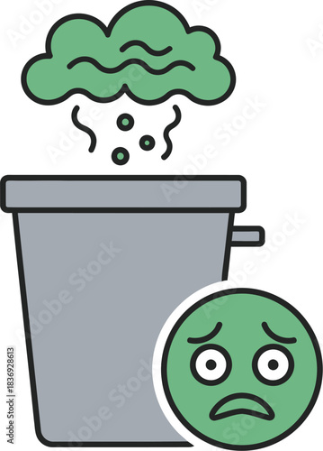 Smelly trash can with unhappy emoji face expressing disgust