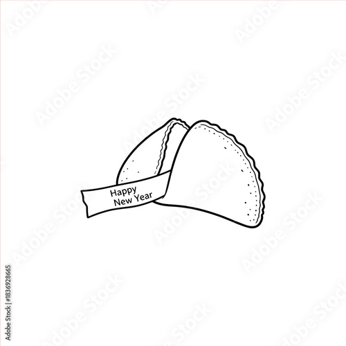 Elegant hand drawn fortune cookie design featuring a special Happy New Year message perfect for celebration marketing