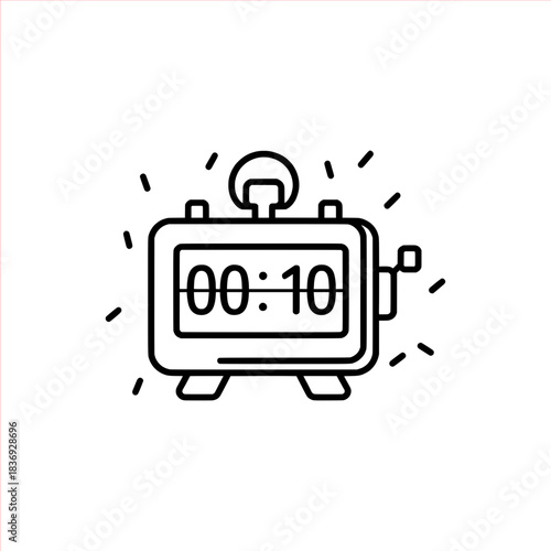 Simple black and white line icon representing an alarm clock displaying ten seconds ready for immediate project management use