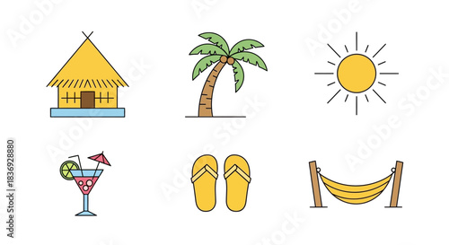 A flat lay of colorful summer vacation icons on a white background.