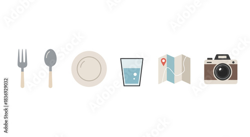 Flat lay of travel and dining icons on a white background.