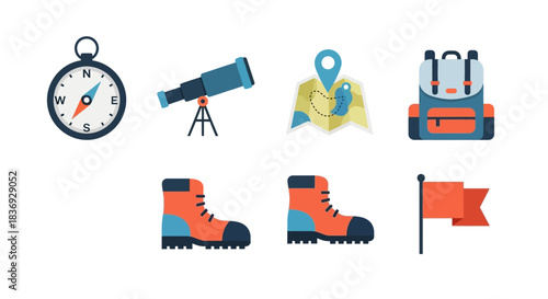 Flat lay of hiking and navigation icons on a white background.