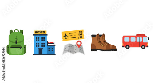 A set of travel-related icons including a backpack, building, ticket, boot, map, and bus.
