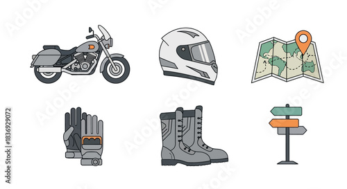 Flat lay illustration of motorcycle gear and navigation tools on a white background.