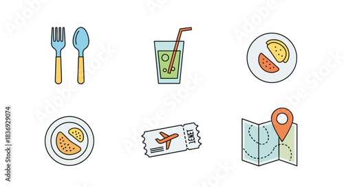 Flat lay illustration of travel and food icons on a white background.