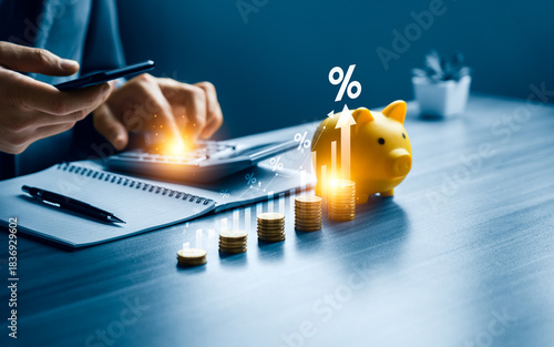 Financial planning concept showing rising interest rates with stacked coins, percentage indicators, and a piggy bank, symbolizing savings returns, investment yield, and increasing borrowing costs