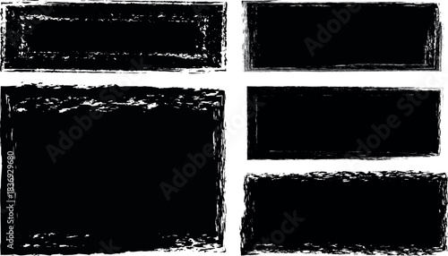 Collection of distressed black grunge textures and rectangular frames on white background