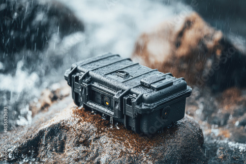 Waterproof camera gear case sits on wet rock outdoors, protecting equipment from rain and harsh weather, rugged and durable for adventure photography in extreme environments