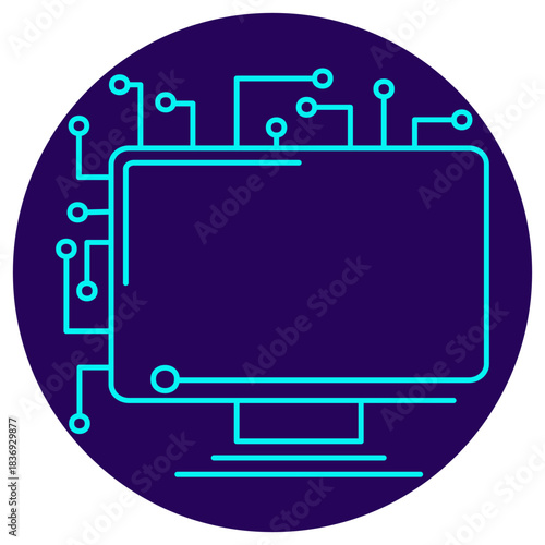 AI Visual Data Output icon. Vector thin line illustration on a round dark blue background. Symbolizes an intelligent computer monitor presenting data, insights, and results from an AI system