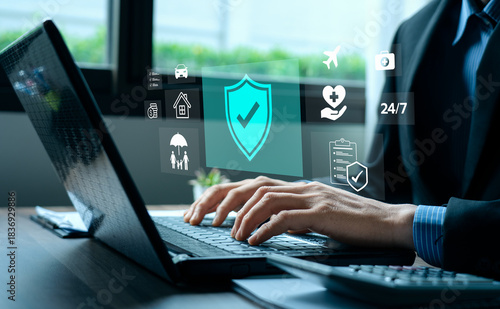 Insurance protection and financial security concept with businessman using calculator and writing document, digital icons of home, car, health, travel, family, shield, checklist, safety and assurance
