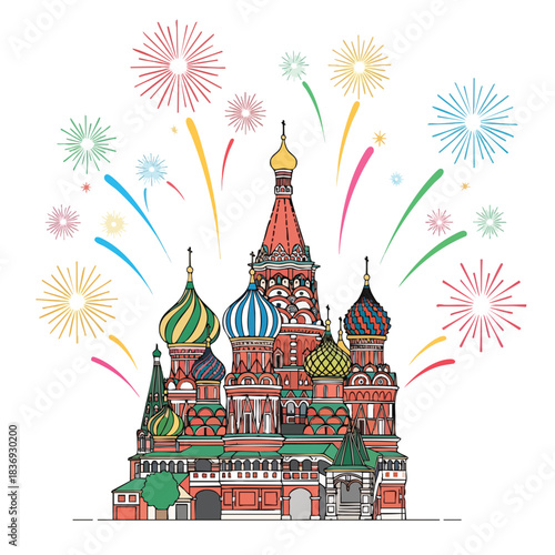 Saint Basil’s Cathedral with its colorful domes glowing under spectacular New Year fireworks