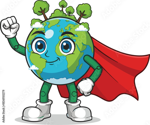 Superhero Earth Globe Mascot Character with Red Cape