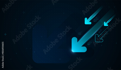Bright blue arrows plunge diagonally, symbolizing sharp financial decline and market downturn, The Falling Down Arrows Show Neon arrows streak downward across a dark grid