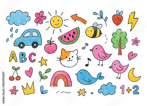 Cartoon kids doodle vector set. Cute colorful ABC, math, animals, fruits, weather, music, and nature icons for school and learning illustrations.