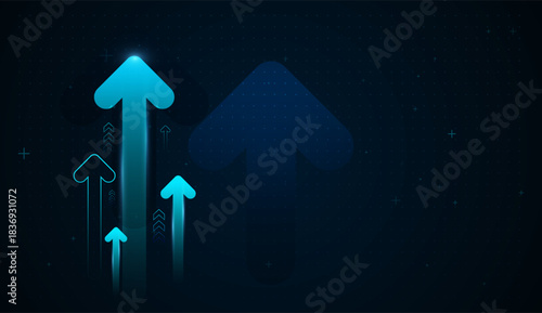Glowing arrows rise on a digital blue background, representing success, profit, and upward market trends. A sucessful Finance Growth concept