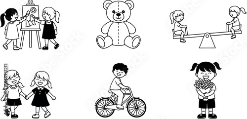 Collection of charming black and white illustrations depicting childhood and play activities