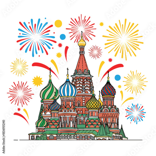 Saint Basil’s Cathedral with its colorful domes glowing under spectacular New Year fireworks