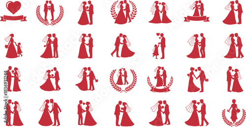 Collection of silhouettes depicting couples in romantic poses with a heart motif