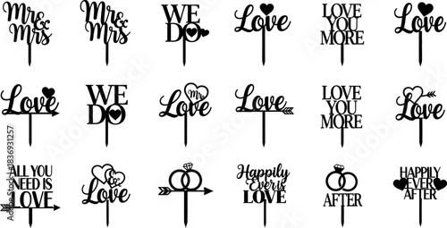 Collection of decorative black cake toppers with romantic phrases and heart motifs