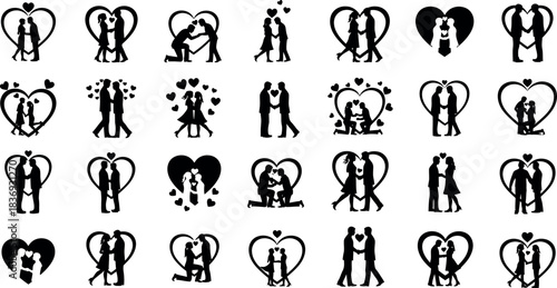 Collection of minimalist line art illustrations depicting couples in loving embrace