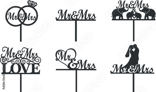 Collection of elegant black wedding cake toppers with various romantic phrases