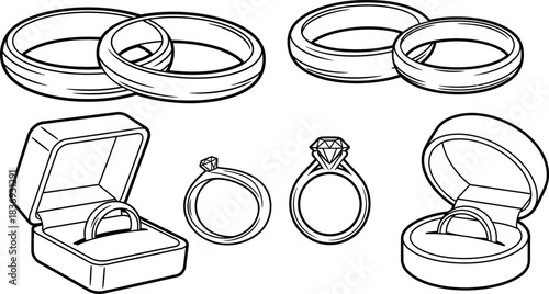 Elegant wedding rings and jewelry boxes in a black and white sketch style