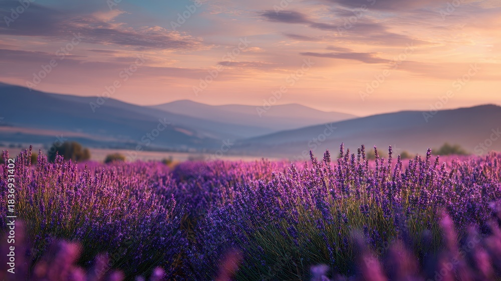 Fototapeta premium Vibrant Lavender Field at Sunset with Distant Mountains and Pastel Sky
