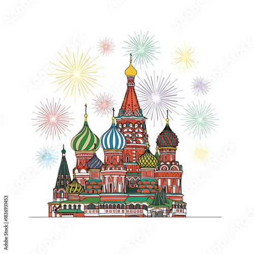 Saint Basil’s Cathedral with its colorful domes glowing under spectacular New Year fireworks