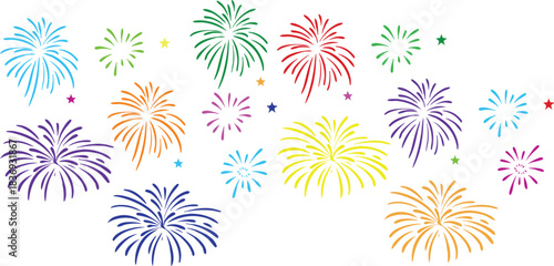 Colorful Fireworks and Stars on a White Background Festive Celebration Elements Keywords: fireworks, celebration, colorful, stars, explosion, party, festive, abstract, design