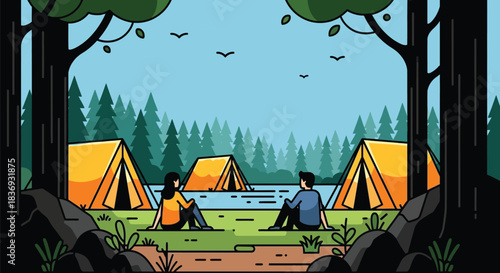 Couple enjoying serene camping trip by lake in mountains