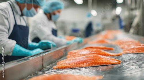 Salmon fillets on a conveyor belt in a food processing plant with workers preparing fish