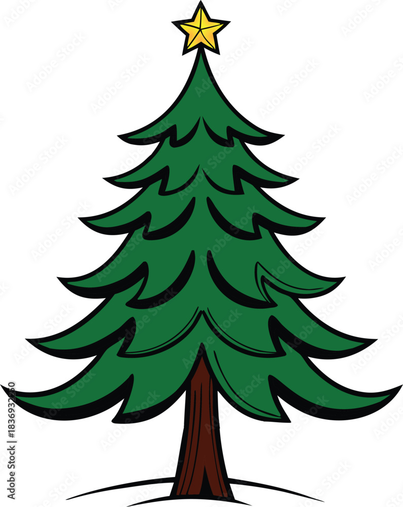 Obraz premium Simple cartoon illustration of a green Christmas tree with a yellow star on top evergreen pine