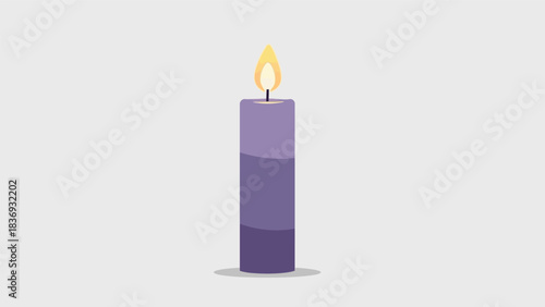 Single purple candle with a bright burning flame on a plain background.
