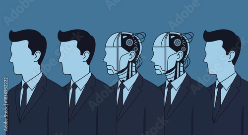 Businessmen transforming into robots in suits