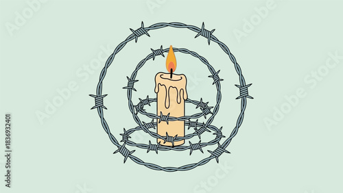 Candle surrounded by barbed wire symbolizing hope and struggle.
