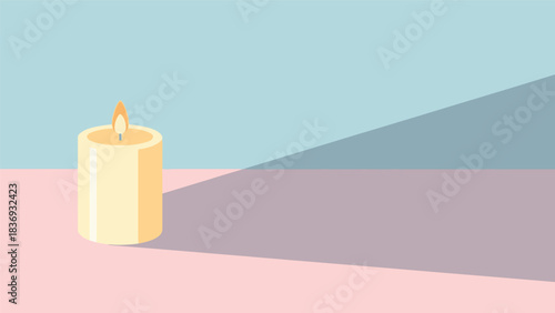 A single lit candle casting a long shadow on a pastel background.