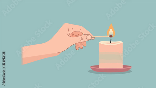 Hand lighting a candle with a matchstick.