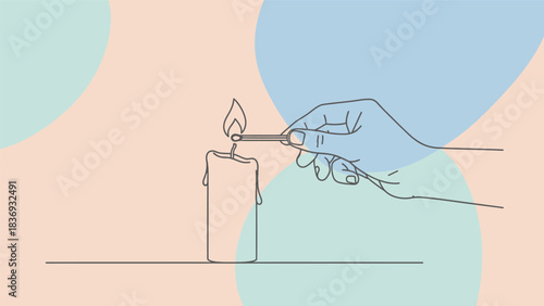 Hand lighting a candle with a matchstick continuous line art.