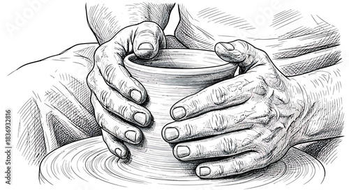Hands shaping clay on pottery wheel