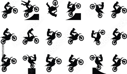 Extreme Motocross Bike Riders Silhouettes Vector Set, Jumping, Stunting, and Freestyle Motorcycle Racing Action Figures, Sports, Adrenaline, and Danger Graphic