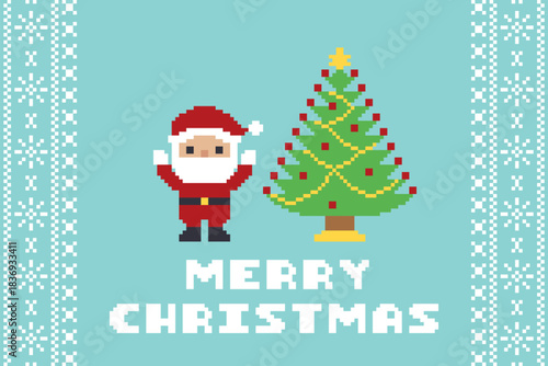 Pixel Art Waving Santa Claus With Decorated Christmas Tree And Knit Border Greeting Card