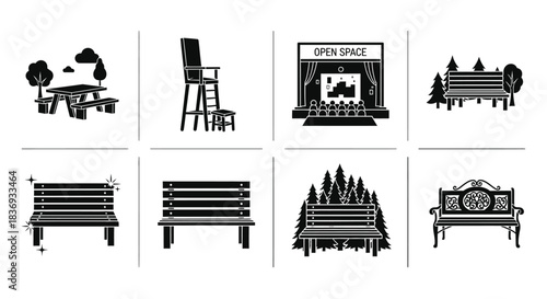 Black and white icons of outdoor benches and seating areas