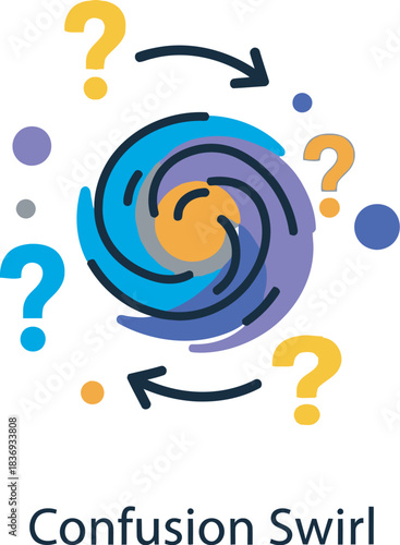 Abstract swirl of colorful question marks symbolizing confusion and uncertainty