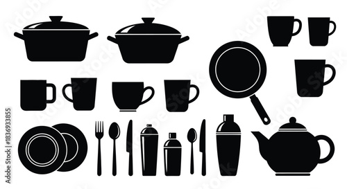 Black silhouettes of kitchen utensils and dinnerware on white background